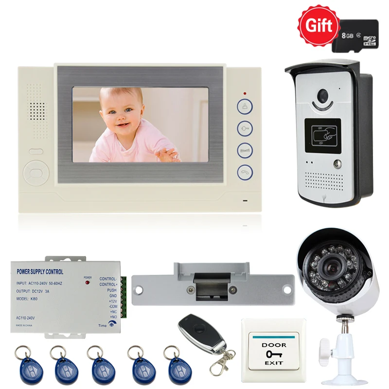 

JEX 7 inch LCD Video Door Phone Doorbell Intercom system kit White Record Monitor + RFID Access Control IR Camera + CCTV Camera