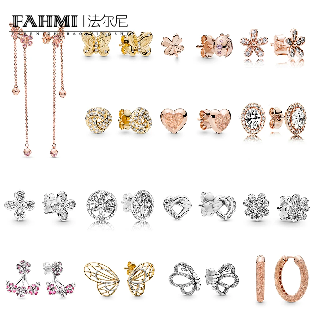 

FAHMI 100% 925 Sterling Silver Butterflies Four-Leaf Clover and Ladybird Trees of Life Knotted Hearts Peach blossom Earring