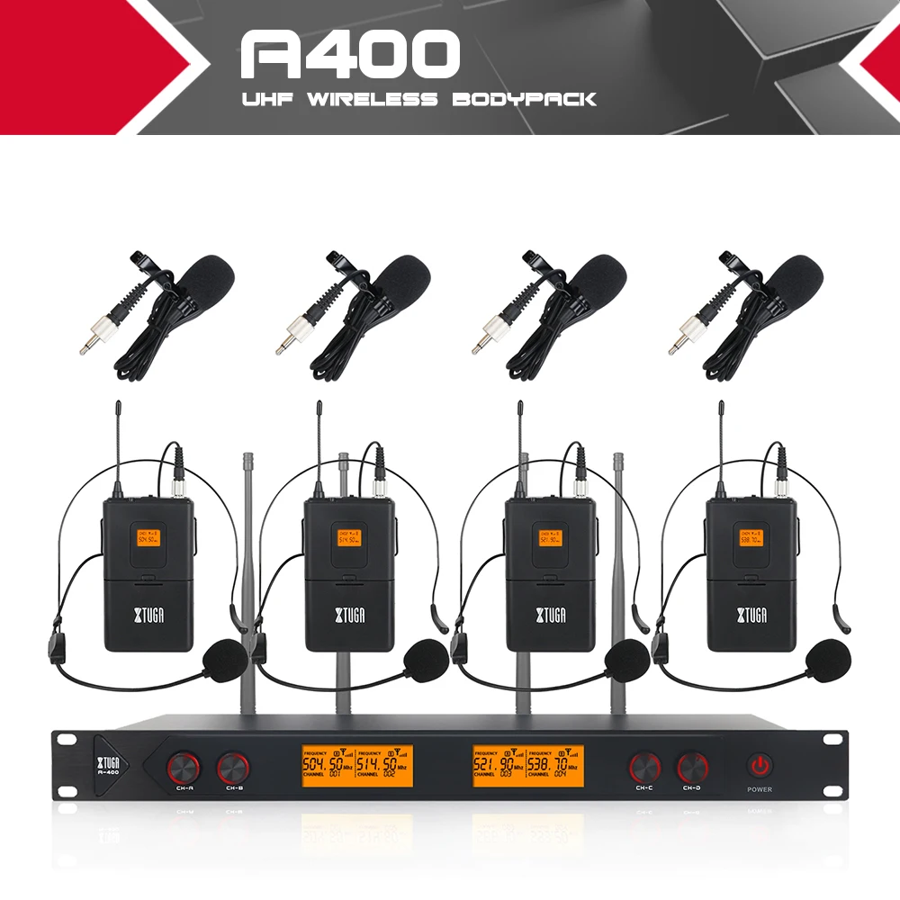 XTUGA A400 Metal Material 4-Channel UHF Wireless Microphone System with 4 Bodypack use for Stage Church Use for Family Party
XTUGA A400 Metal Material 4-Channel UHF Wireless Microphone System with 4 Bodypack use for Stage Church Use for Family Party