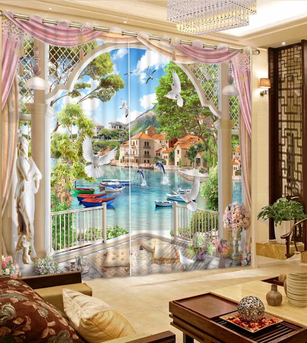 Image customize 3d luxury curtains European courtyard dolphin boat scenery 3d photo curtains in the living room blackout curtains