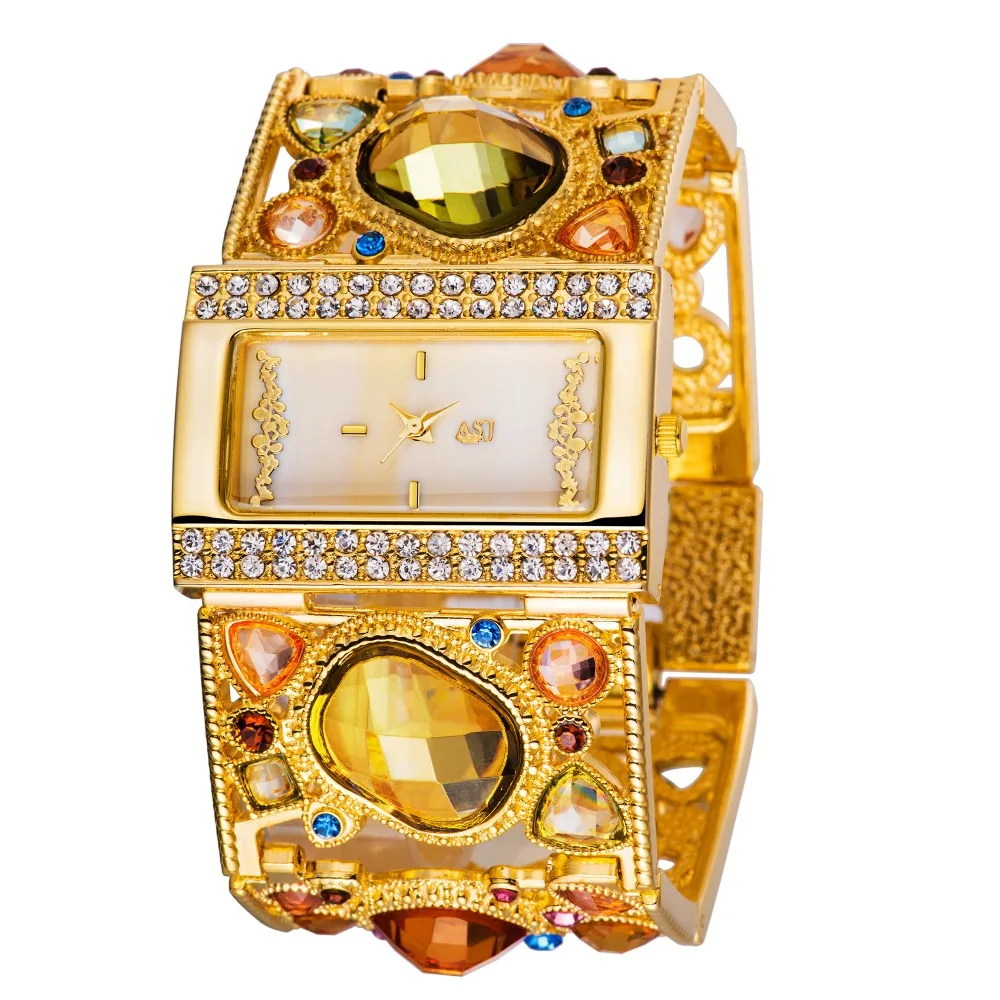 Amazing Women's Golden Bracelet Watch with Graceful Multi Color Diamond Decoration, gold analog hollow engraving women watches
Amazing Women's Golden Bracelet Watch with Graceful Multi Color Diamond Decoration, gold analog hollow engraving women watches