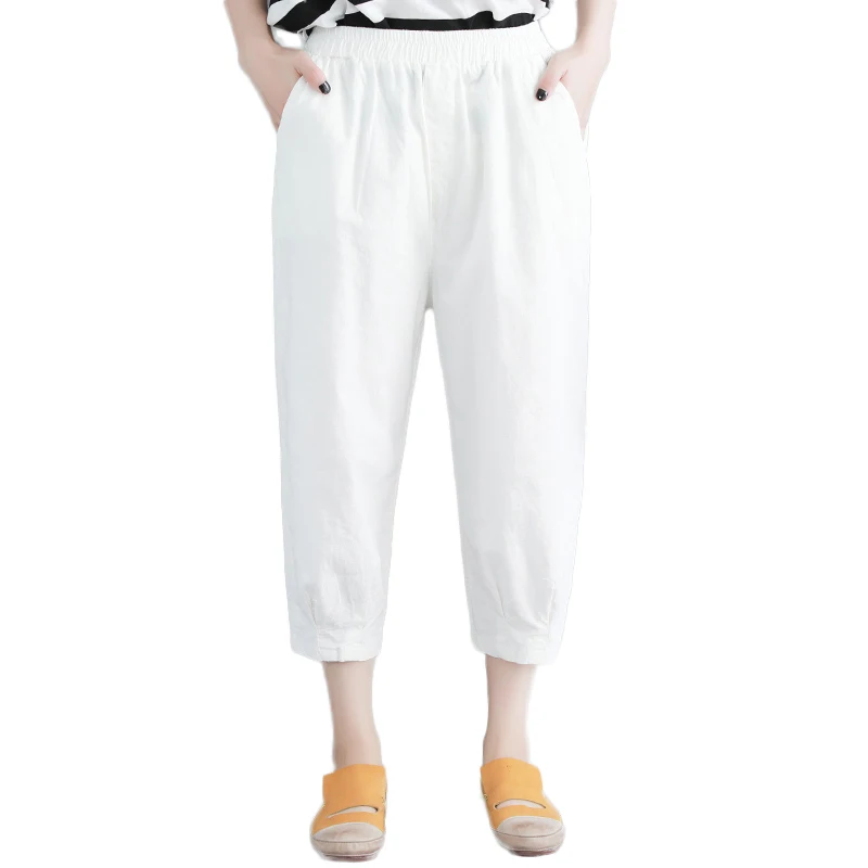 Brand Chic Loose Cotton Linen Pants Women Soft Harem Breathable Calf-Length Korean Leisure Hallen Black White | Женская одежда