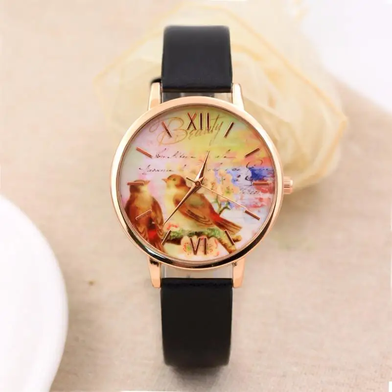 Womens Clock Fashion PU Leather Band Analog Quartz Round Wrist Watch Gold Dial Birds Pattern Women's Watches Reloj Mujer Aug15
Womens Clock Fashion PU Leather Band Analog Quartz Round Wrist Watch Gold Dial Birds Pattern Women's Watches Reloj Mujer Aug15