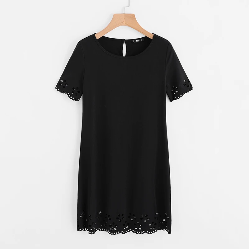 black O Neck Short Sleeve Straight Lace Dress
