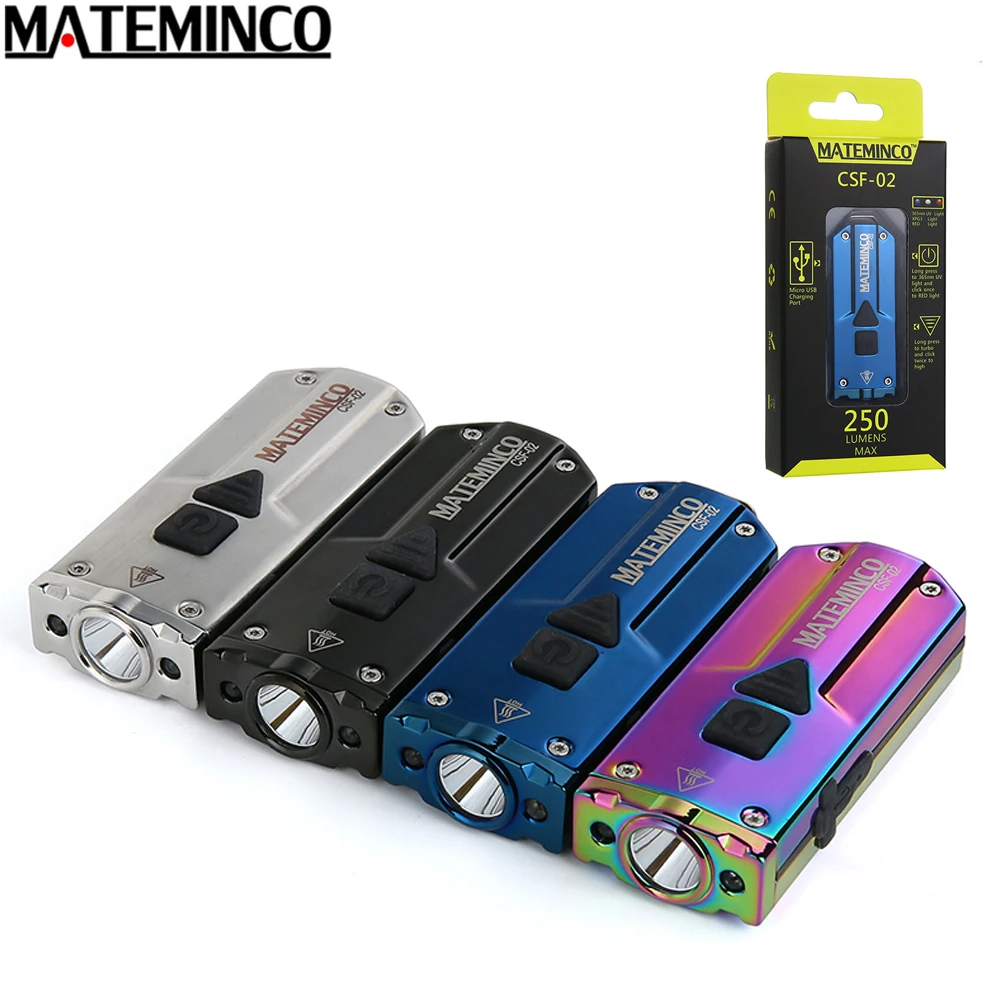 USB Rechargeable Flashlight MATEMINCO CSF-02 3* CREE XPG3 LED max 240LM UV keychain EDC mini torch with 500mAh Built-in battery
USB Rechargeable Flashlight MATEMINCO CSF-02 3* CREE XPG3 LED max 240LM UV keychain EDC mini torch with 500mAh Built-in battery