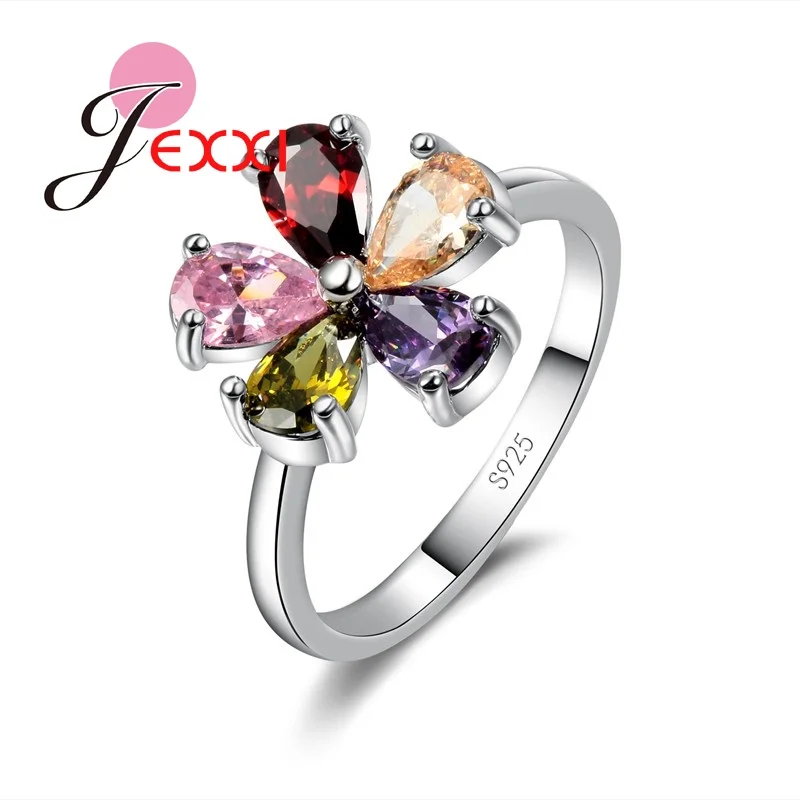 

Wedding Fashion Ring Beautiful Flower Colorful Crystal 925 Sterling Silver Party Jewelry Charm Gift For Women Girls