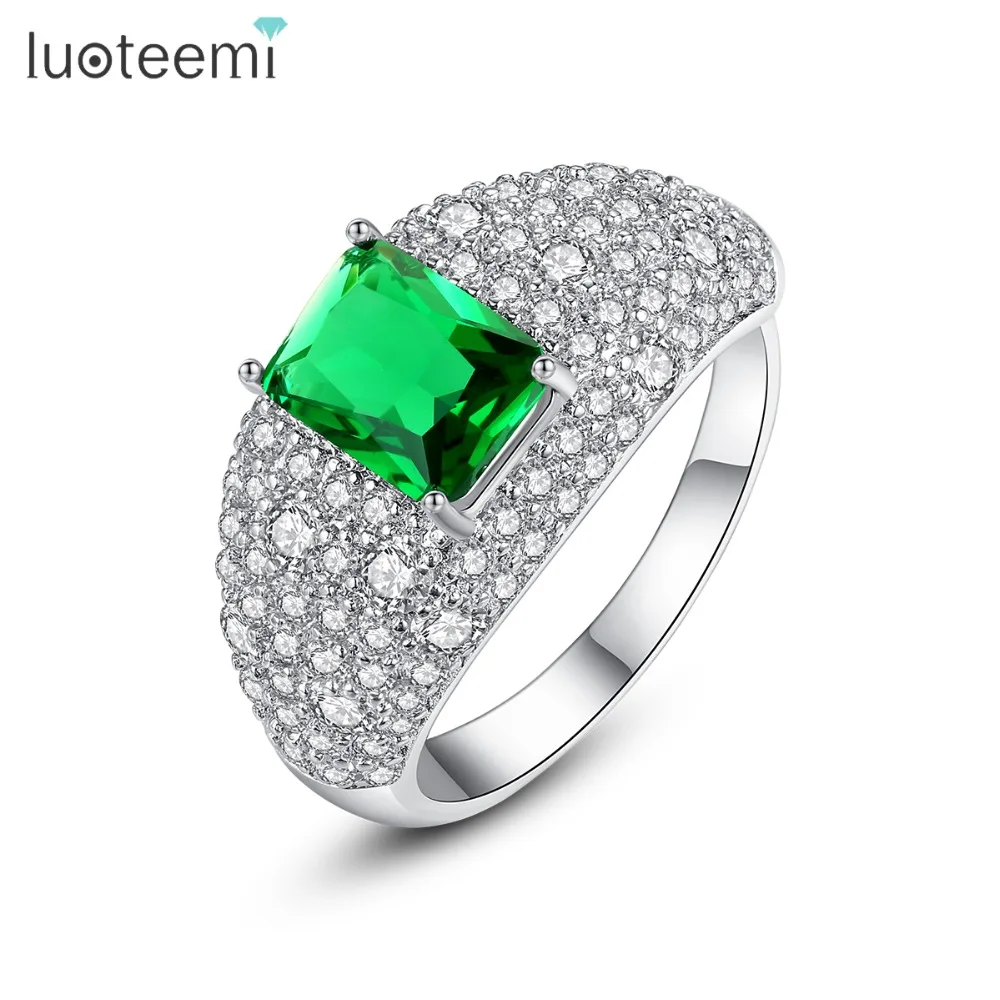 

LUOTEEMI Luxury Vintage Green Stone Resizable Ring for Women Wedding Party Paved Micro Shining Cubic Zircon Fashion Jewelry