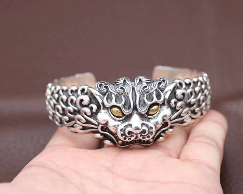 S925 sterling silver ornaments, personality domineering lucky the mythical wild animal and man speak Thai silver bracelet S116
S925 sterling silver ornaments, personality domineering lucky the mythical wild animal and man speak Thai silver bracelet S116