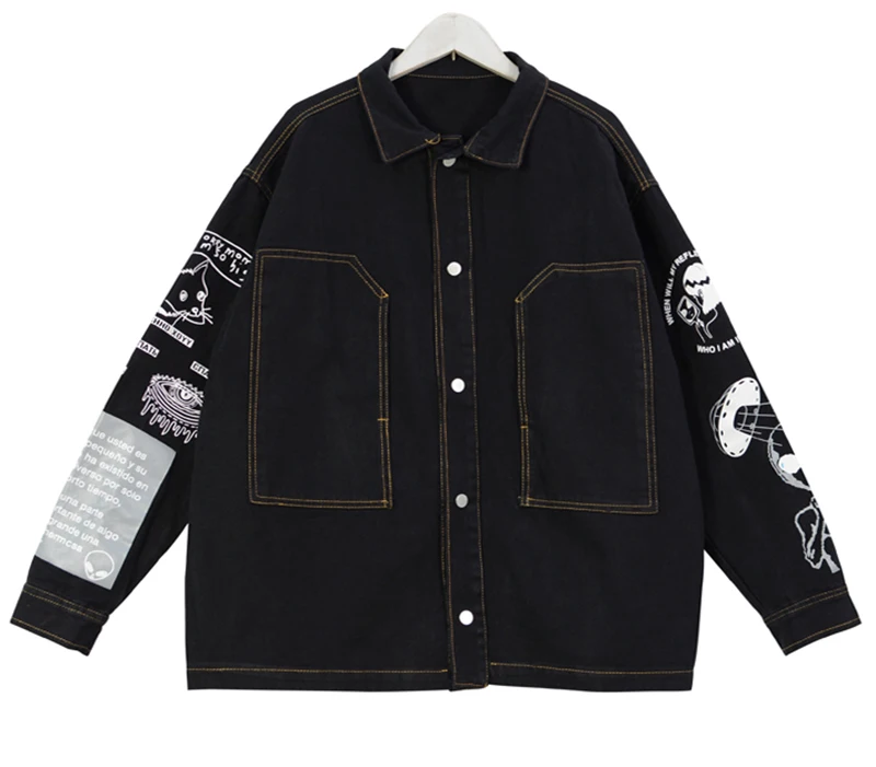 Female UnisexTurn-down Collar BF Denim Jacket Loosen Black Jean Jacket Streetwear Casaco Feminino Letter Printed Graffiti Coat
Female UnisexTurn-down Collar BF Denim Jacket Loosen Black Jean Jacket Streetwear Casaco Feminino Letter Printed Graffiti Coat