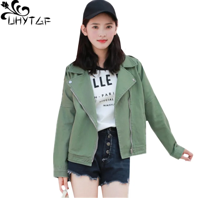 UHYTGF Fashion Short Jeans Jacket Women Spring Autumn Outerwear Long sleeve Loose bomber Lady plus size denim jackets 748 | Женская