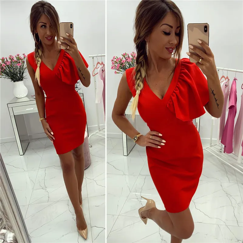 Women Bodycon Dress Ruffles Decor V-Neck Sleeveless Solid Color Summer Mini Dress Office Ladies Slim Hip Dress
Women Bodycon Dress Ruffles Decor V-Neck Sleeveless Solid Color Summer Mini Dress Office Ladies Slim Hip Dress