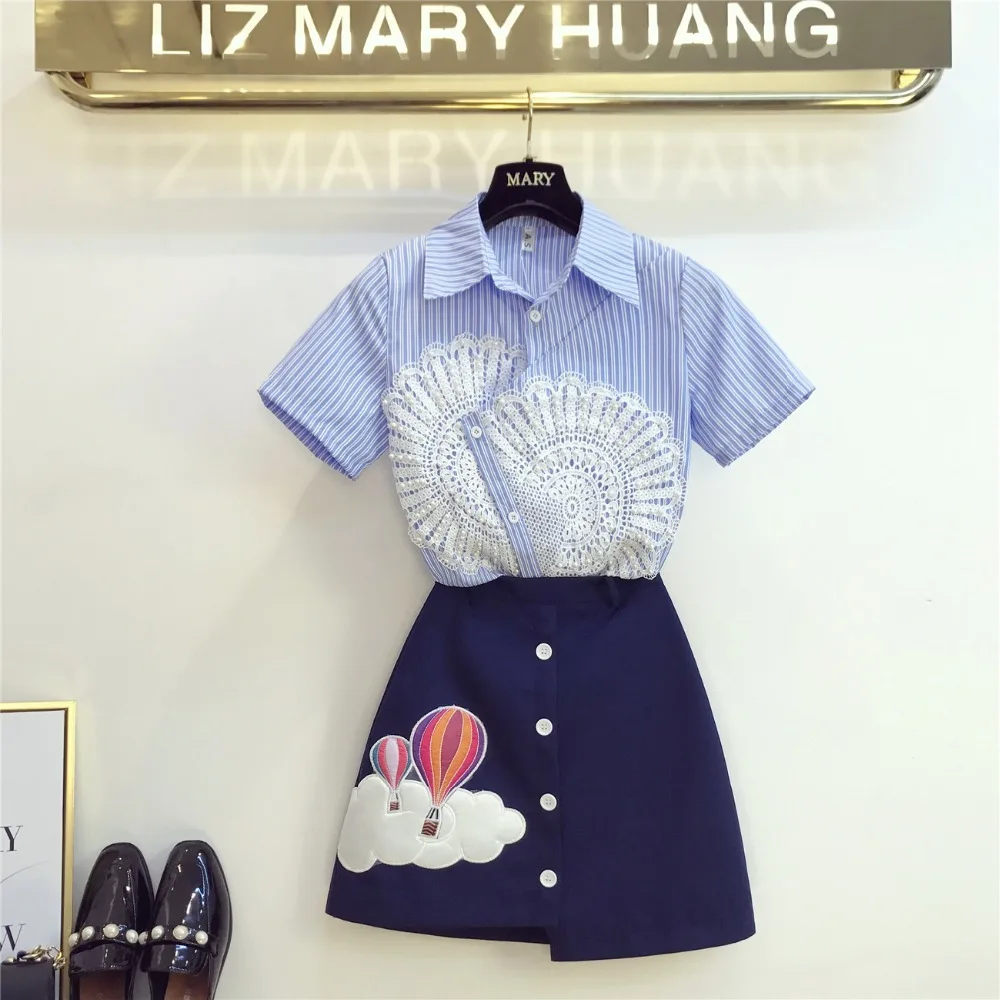Women Suits Striped Patchwork Beading Lace Irregular Shirts+Embroidery Hot Air Balloon Pattern Single Breasted High Waist Skirts
Women Suits Striped Patchwork Beading Lace Irregular Shirts+Embroidery Hot Air Balloon Pattern Single Breasted High Waist Skirts