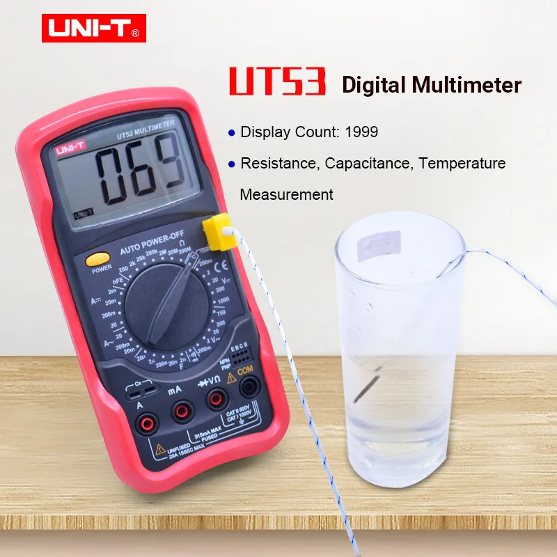 Цифровой мультиметр UNI-T UT53, Вольтметр постоянного и переменного тока, амперметр, емкостный Омметр, проверка температуры диода/транзистора
Цифровой мультиметр UNI-T UT53, Вольтметр постоянного и переменного тока, амперметр, емкостный Омметр, проверка температуры диода/транзистора