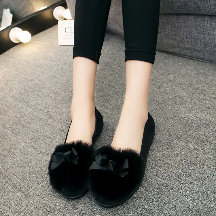 

Round Toe Fashion Furry Loafers for Women Flock Shallow Butterfly-knot Plush Warm Loafer Shoes Solid Casual Slip on Flats Shoes