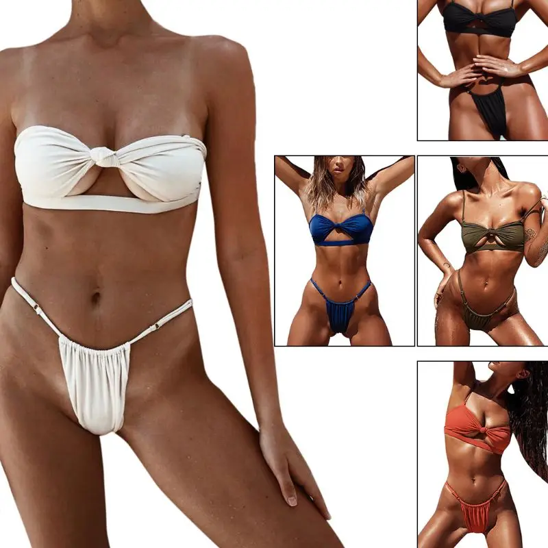 

Two Piece Bikini Set Detachable Strapless Knotted Hollow Out Crop Top Bandeau Adjustable Waistband Ruched Thong Solid Color