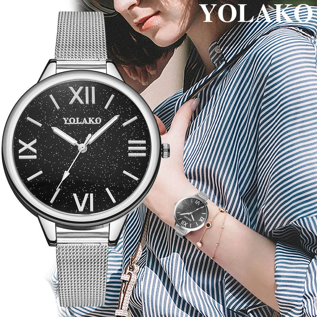 Женские кварцевые часы YOLAKO с сеткой из нержавеющей стали простым зеркальным