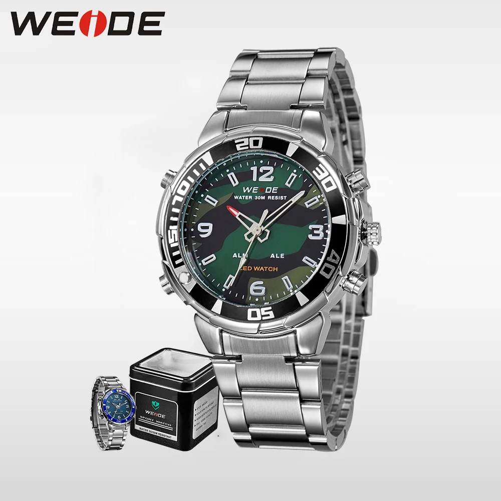 WEIDE Men Sports Quartz Watch LED Analog Digital Display Waterproof Army Military Stainless Steel Wrist Watch With Alarm clock
WEIDE Men Sports Quartz Watch LED Analog Digital Display Waterproof Army Military Stainless Steel Wrist Watch With Alarm clock