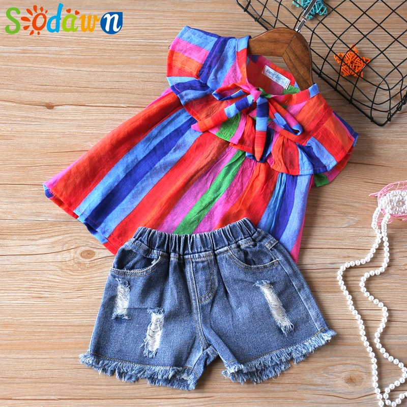 Sodawn High Quality Kid Clothes Summer Baby Girls Clothing Set 2019 Stripe Bow Tie Top + Denim Shorts Girls 2 Piece Set
Sodawn High Quality Kid Clothes Summer Baby Girls Clothing Set 2019 Stripe Bow Tie Top + Denim Shorts Girls 2 Piece Set