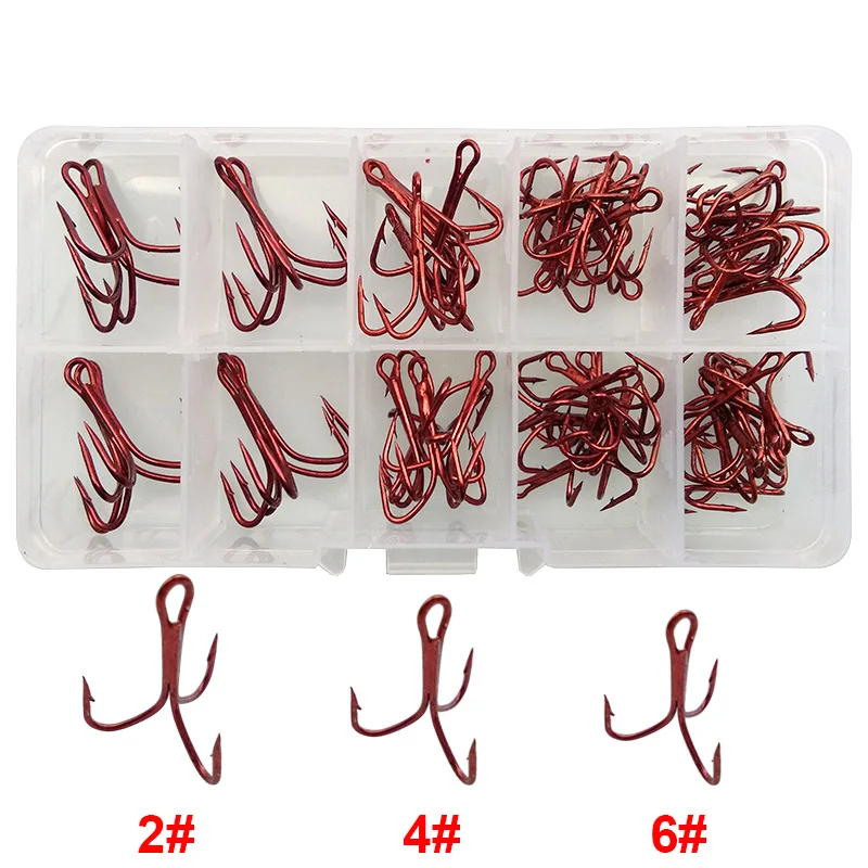 

50pcs 35647 High Carbon Steel Treble Fishing Hooks Red Small Wide Gap Triple Hard Lure Spoon Fishing Hook Set With Box