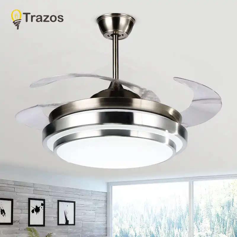 Trazos Modern Led 42 Inch Invisible Retractable Crystal Ceiling Fans With Lights Bedroom Folding Ceiling Fan Lamp Remote Control