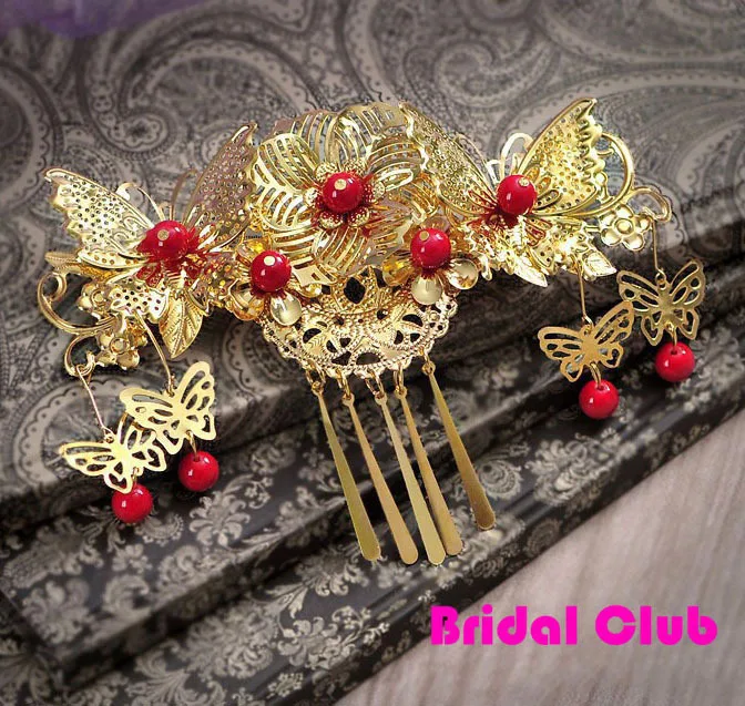 Gold Red Ancient Bride Hair Jewelry, Classical Handmade Butterfly with Flower Insert Hair Comb Hair Tiaras with red Pearl
Gold Red Ancient Bride Hair Jewelry, Classical Handmade Butterfly with Flower Insert Hair Comb Hair Tiaras with red Pearl
