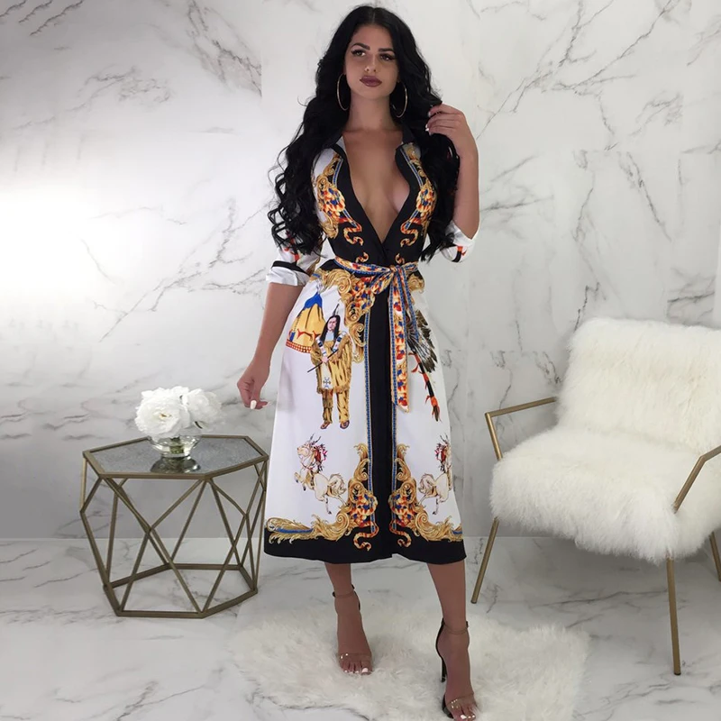 Sexy Vintage Women Midi Dress Ethnic Printed Plunge V Neck 3/4 Sleeve Waist Strap Slim Retro Dresses 2019 New Fashion Vestido
Sexy Vintage Women Midi Dress Ethnic Printed Plunge V Neck 3/4 Sleeve Waist Strap Slim Retro Dresses 2019 New Fashion Vestido