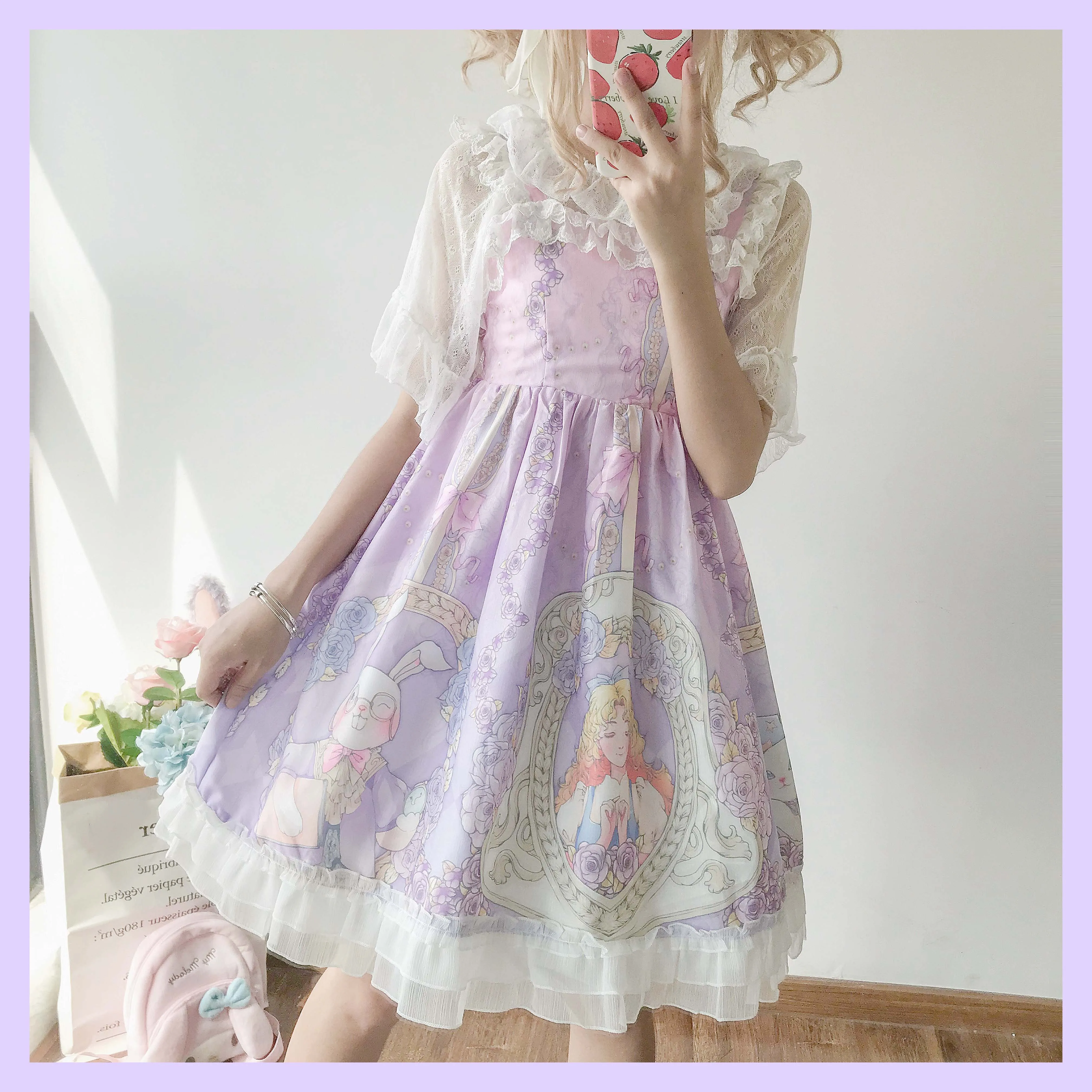 

Kawaii Japanese JSK Lolita dress women soft sister cute rabbit and rose loita Sleeveless dress suspender skirt jsk loli skirt cu