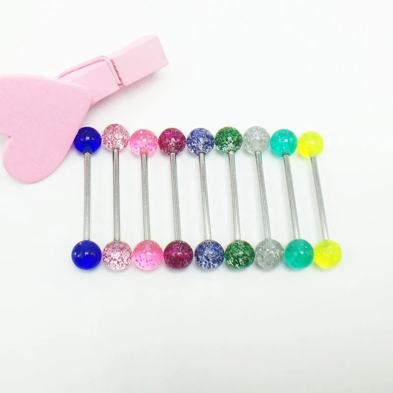 9pcsset women\`s beautiful tongue rings piercing tongue bars stainless steel candy color glitters 1.4x16x6mm mixed colors sexy  2
