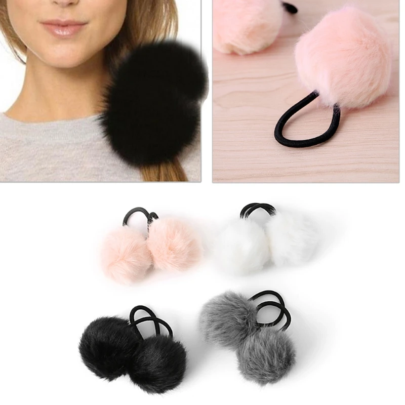 2X Faux Rabbit Fur Pompom Ball Hair Scrunchie Elastic Ponytail Holder Band Accessories 2021 |
