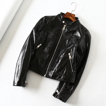 2020 spring and autumn new small stand collar was thin wild black shiny leather PU short motorcycle leather coat women's jacket
2020 spring and autumn new small stand collar was thin wild black shiny leather PU short motorcycle leather coat women's jacket