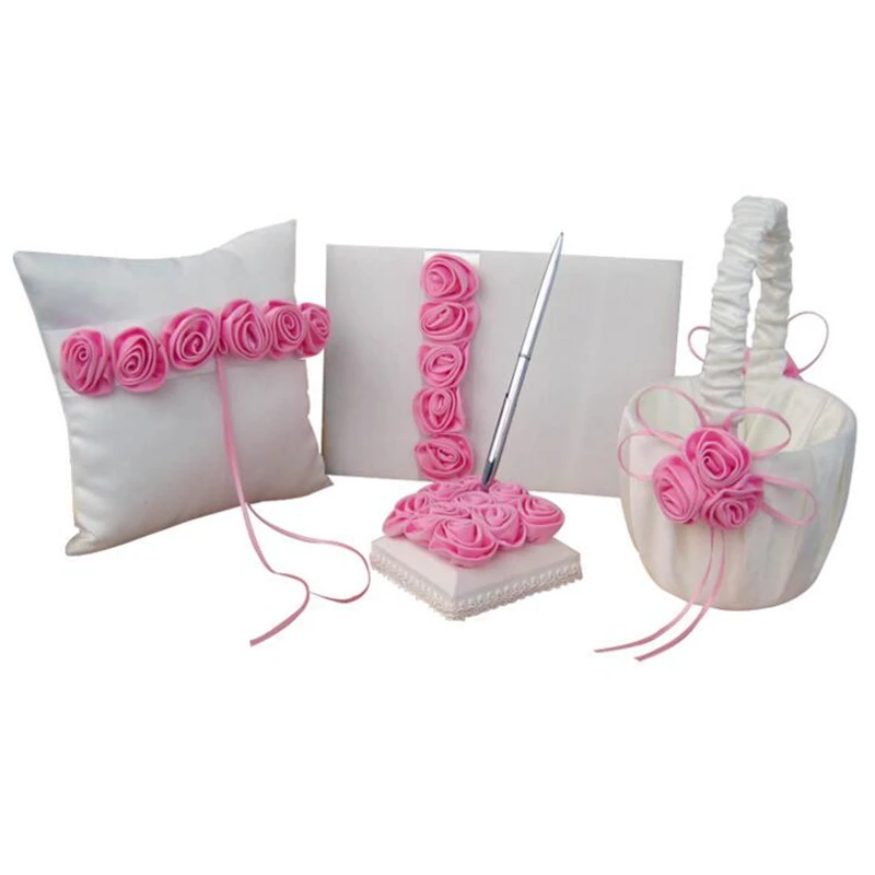 4pcs/set(Guest book+Flower Basket+Pen Holder+Ring Pillow) Handmade Satin Ribbon Rose Flowers Decor Western Wedding Supplies
4pcs/set(Guest book+Flower Basket+Pen Holder+Ring Pillow) Handmade Satin Ribbon Rose Flowers Decor Western Wedding Supplies