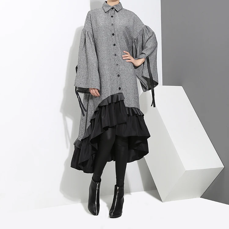 2020 Autumn Winter Women Plus Size Gray Shirt Dress Midi Long Sleeve Patchwork Thick Warm Ruffled Elegant Party Dress Style 3073 2020 Autumn Winter Women Plus Size Gray Shirt Dress Midi Long Sleeve Patchwork Thick Warm Ruffled Elegant Party Dress Style 3073