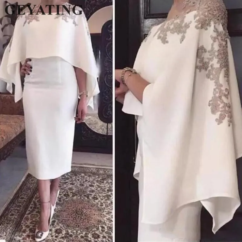 Elegant White Short Mother of the Bride Dresses with Cape Shawl Tea Length Plus Size Sheath Evening Party Gowns Godmother Dress
Elegant White Short Mother of the Bride Dresses with Cape Shawl Tea Length Plus Size Sheath Evening Party Gowns Godmother Dress