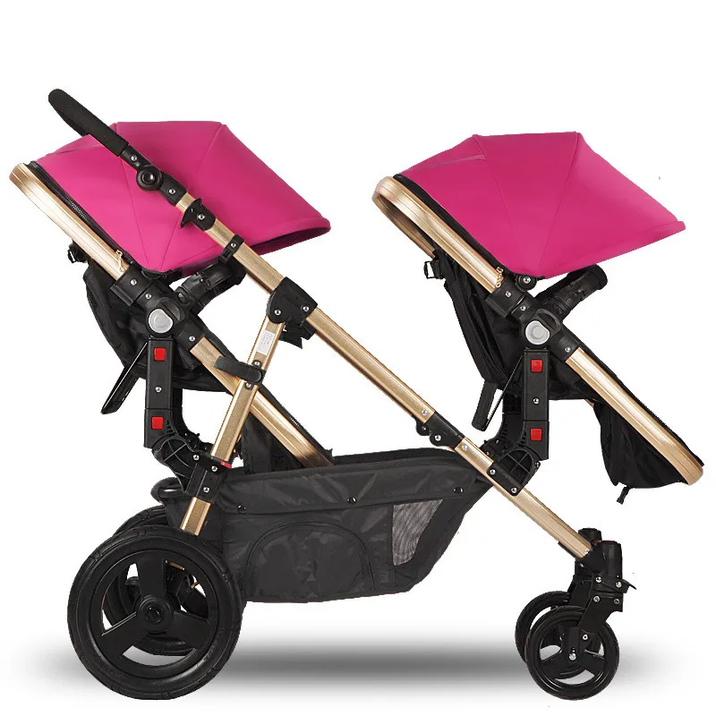 Image Rubber Wheels Baby Stroller Golden Frame Sleeping Basket Position Twins Stroller Baby Pram Jogger with 2 Seats