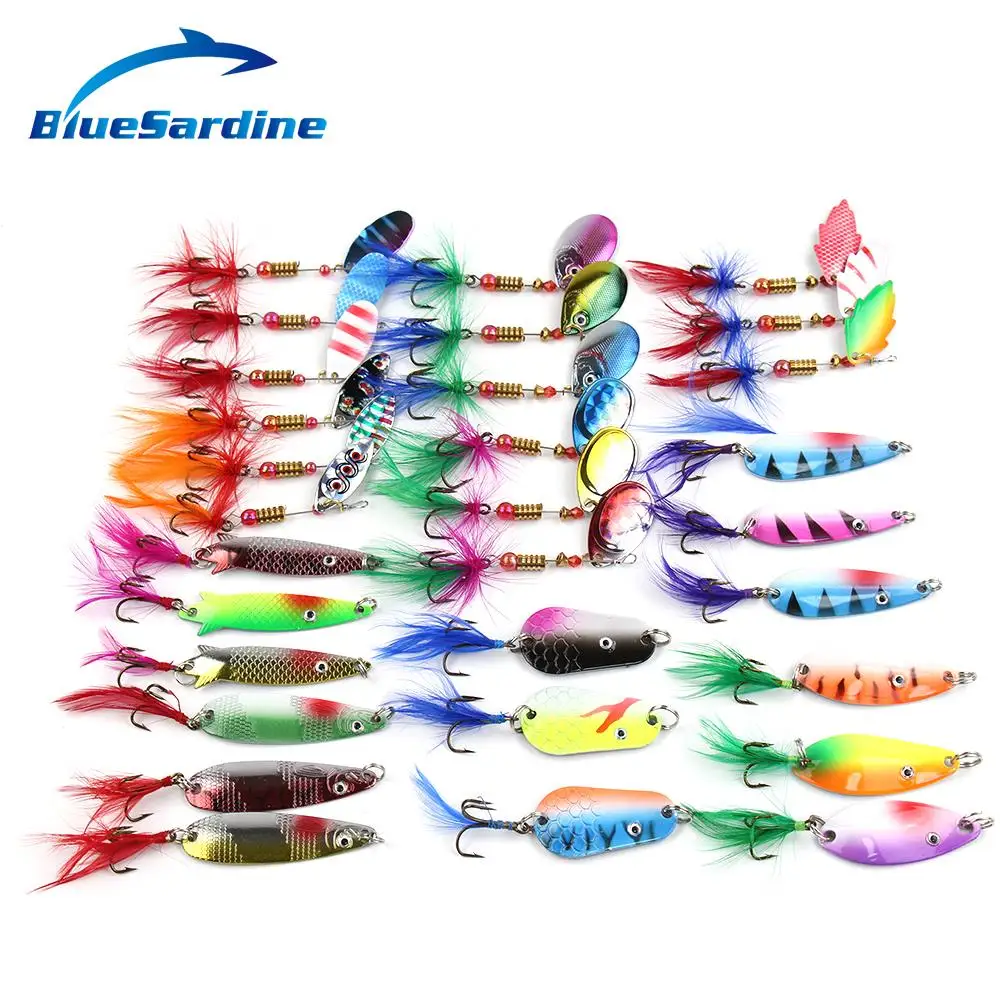 30PCS/LOT Spoon Bait Spinner Pesca Metal Fishing Lure Set Fishing Tackle Isca Artificial Bass Mix Color