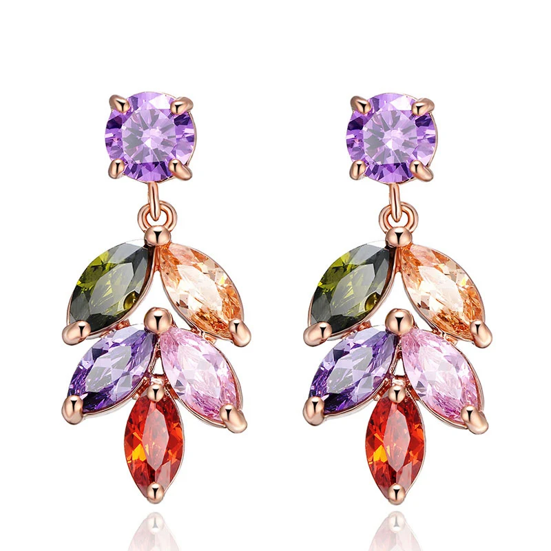 New Colorful Crystal Earrings Rose Gold color Women Earring Leaves Flower Cubic Zircon Jewelry Earrings for Women Wedding
New Colorful Crystal Earrings Rose Gold color Women Earring Leaves Flower Cubic Zircon Jewelry Earrings for Women Wedding