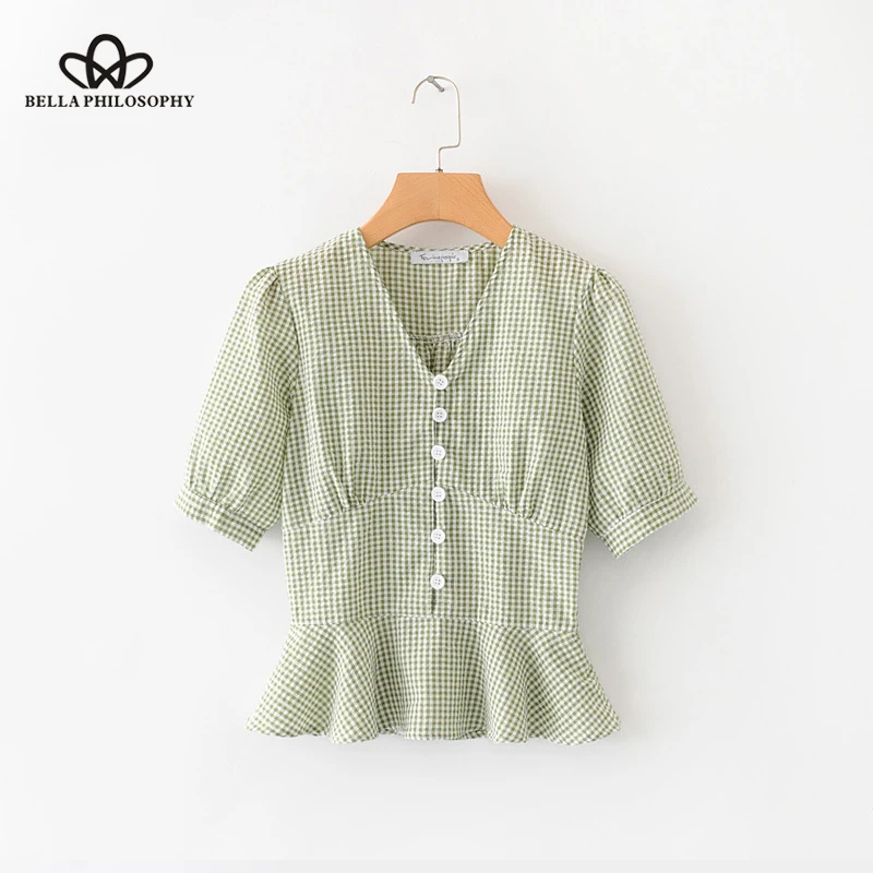 Bella Philosophy Women Franch Style plaid Blouse Shirts Vintage Female Loose V-Neck Blouse Sweet Lady Sexy blouse
Bella Philosophy Women Franch Style plaid Blouse Shirts Vintage Female Loose V-Neck Blouse Sweet Lady Sexy blouse