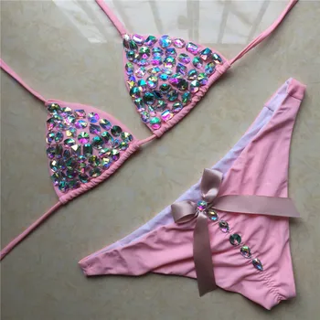 New Cute Pink Bow Bandage crystal diamond bikinis set Sexy Halter Rhinestone Swimsuit Femme Maillot de bain push up Biquini H363
New Cute Pink Bow Bandage crystal diamond bikinis set Sexy Halter Rhinestone Swimsuit Femme Maillot de bain push up Biquini H363