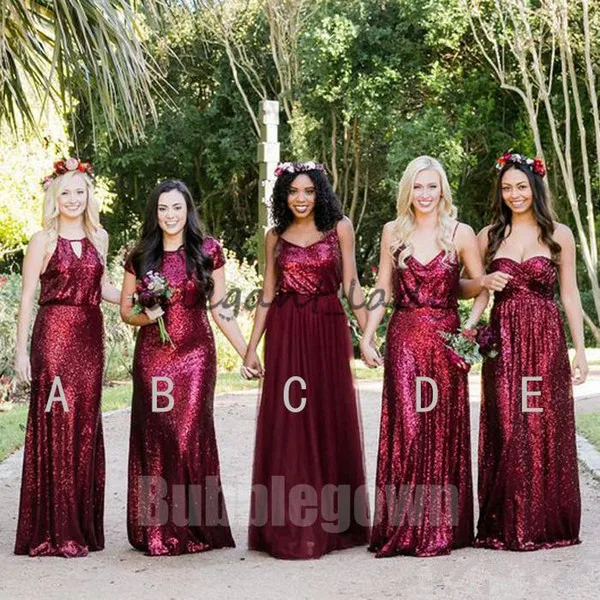 2018 Elegant Mismatched Burgundy Sequins Tulle Long Bridesmaid Dresses Country Style Wedding Dress Custom Made Beach junior Bridesmaid Gown