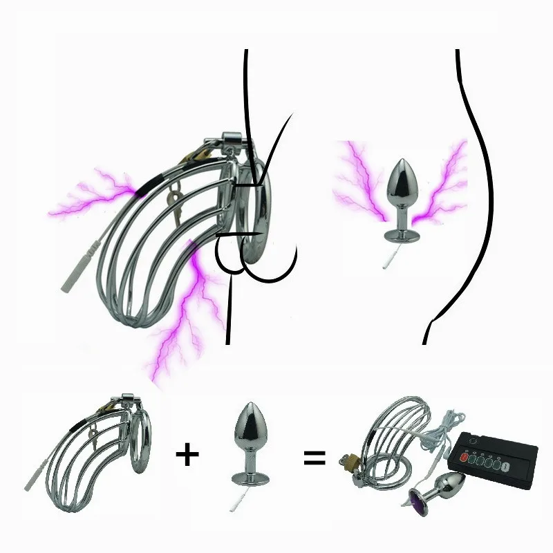 

Electro shock set chastity cock cage SM bondage device metal anal butt plug penis ring electric stimulation male sex toy for man