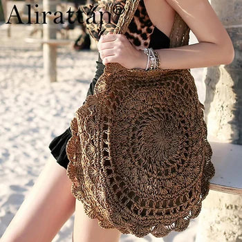 

Alirattan Bohemian Straw Bags for Women Big Circle Beach Handbags Summer Vintage Rattan Bag Handmade Kintted Travel Bags C78