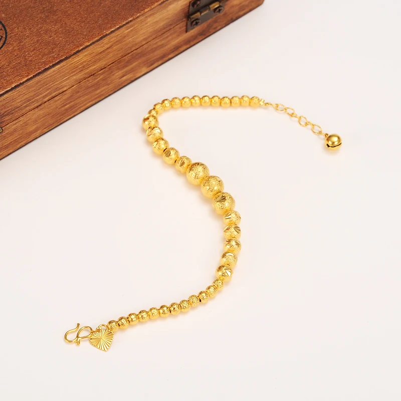 

17cm + 4cm Lengthen Ball Bangle Women 24k Real Solid Yellow Gold FINISH Round Beads Bracelets Jewelry Hand Chain heart