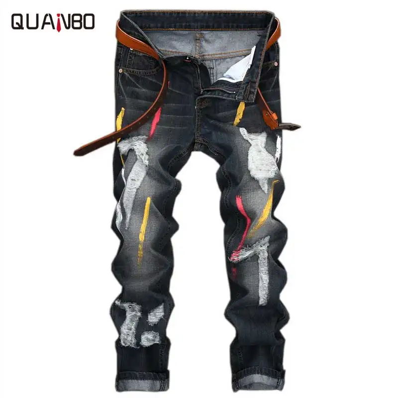 

2019 Men Jeans Design Fashion Biker Runway Hiphop Slim Jeans Hole Offset printing Distressed Jeans Men ripped jeans