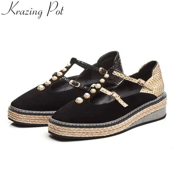 Krazing Pot vintage patchwork kid suede mixed colors buckle strap straw pearls decoration med bottom square toe women pumps L39
Krazing Pot vintage patchwork kid suede mixed colors buckle strap straw pearls decoration med bottom square toe women pumps L39