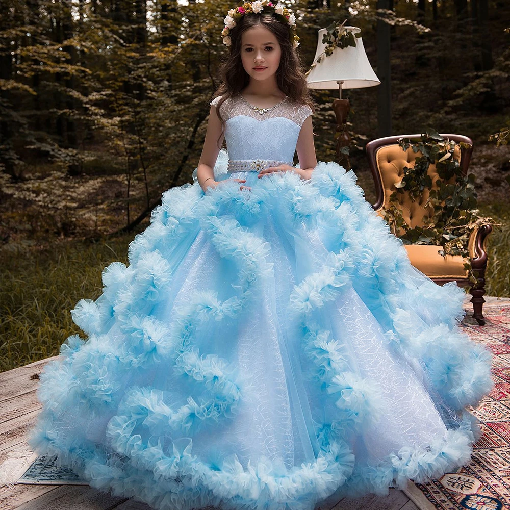 

New Arrival Pageant Dresses for Girls Glitz O-Neck Beading Ball Gown Flower Girls Dresses Princess Wedding Gown Vestidos Longo