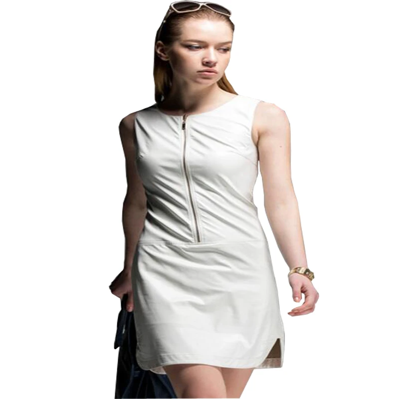 Image Europe New Women Summer Dreses  O Neck Sleevlesss Women Leather Dress Water Washed leather Leather Clothing Women Vestido Verano