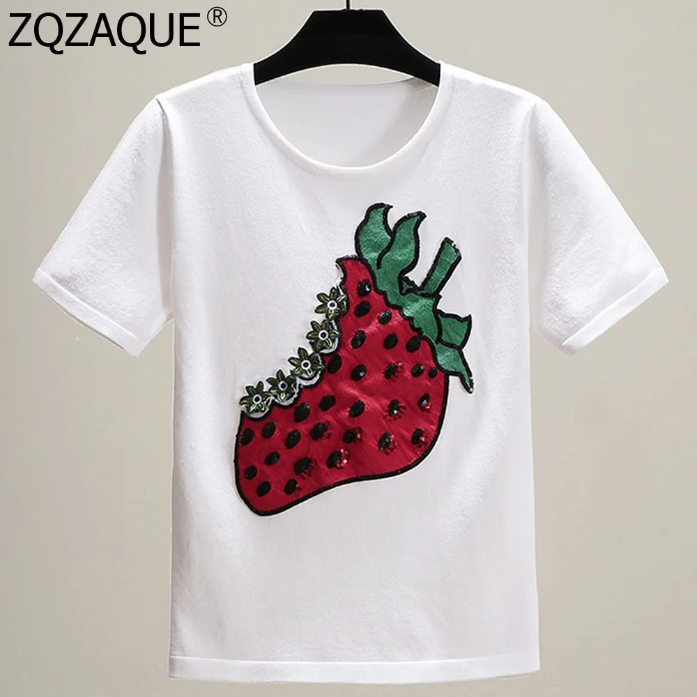 SUMMER New Girls Sweet Cute Knit Tops Embroidery Sequins Strawberry White Black T-shirts Women's Fashion KNIT Jumpers SY1888 
SUMMER New Girls Sweet Cute Knit Tops Embroidery Sequins Strawberry White Black T-shirts Women's Fashion KNIT Jumpers SY1888