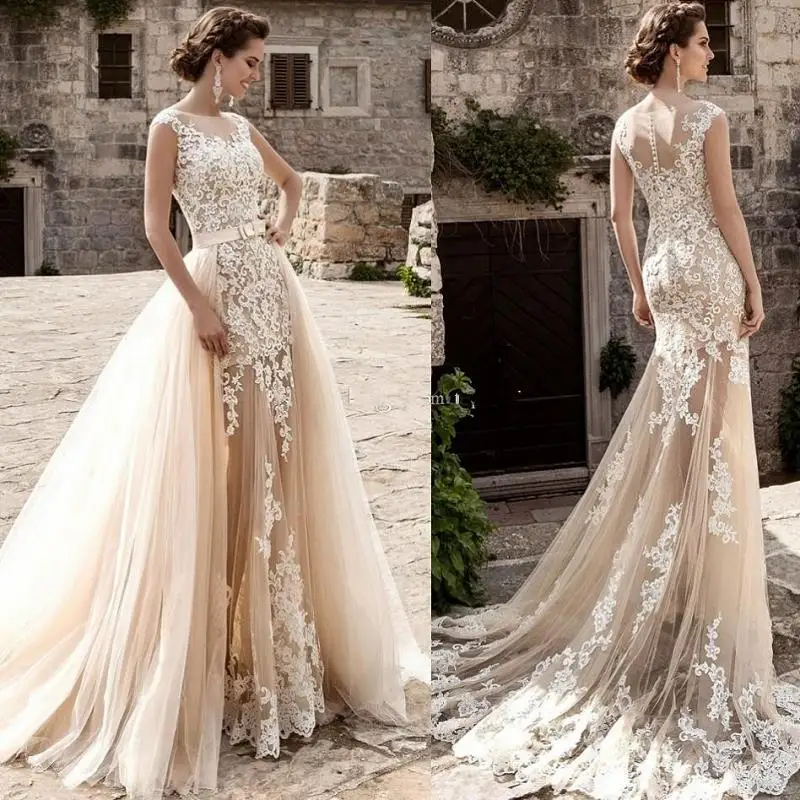 Champagne Lace Mermaid Wedding Dresses 2019 robe de mariee Detachable Train Sheer Illusion Wedding Gowns Handmade Gelinlik Bride
Champagne Lace Mermaid Wedding Dresses 2019 robe de mariee Detachable Train Sheer Illusion Wedding Gowns Handmade Gelinlik Bride