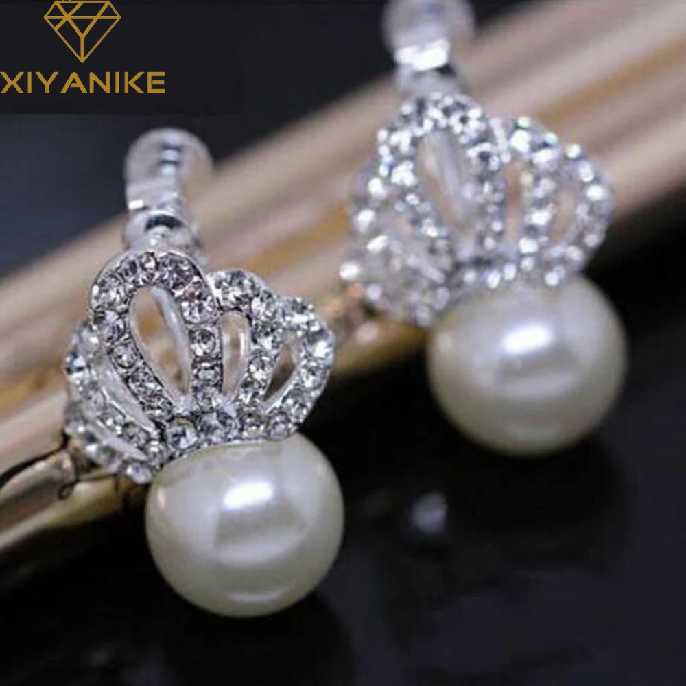 Image 2015 New Fashion Unique Inlay Crystal Crown Queen Jewelry Earrings Fashion Pearl Ear Stud For Women XY E980
