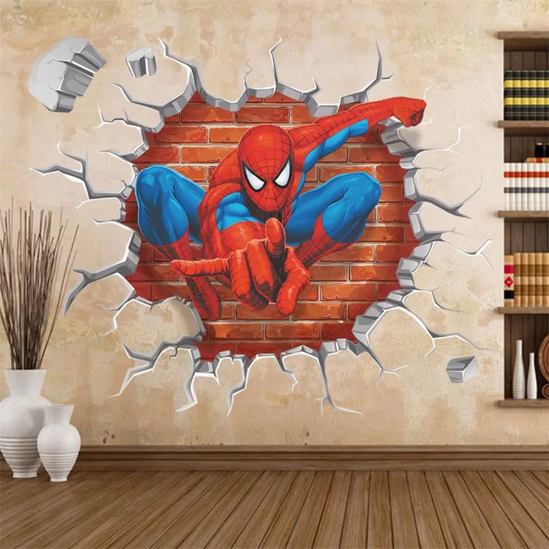 45*50cm hot 3d hole famous cartoon movie spiderman wall stickers for kids rooms boys gifts through wall decals home decor mural